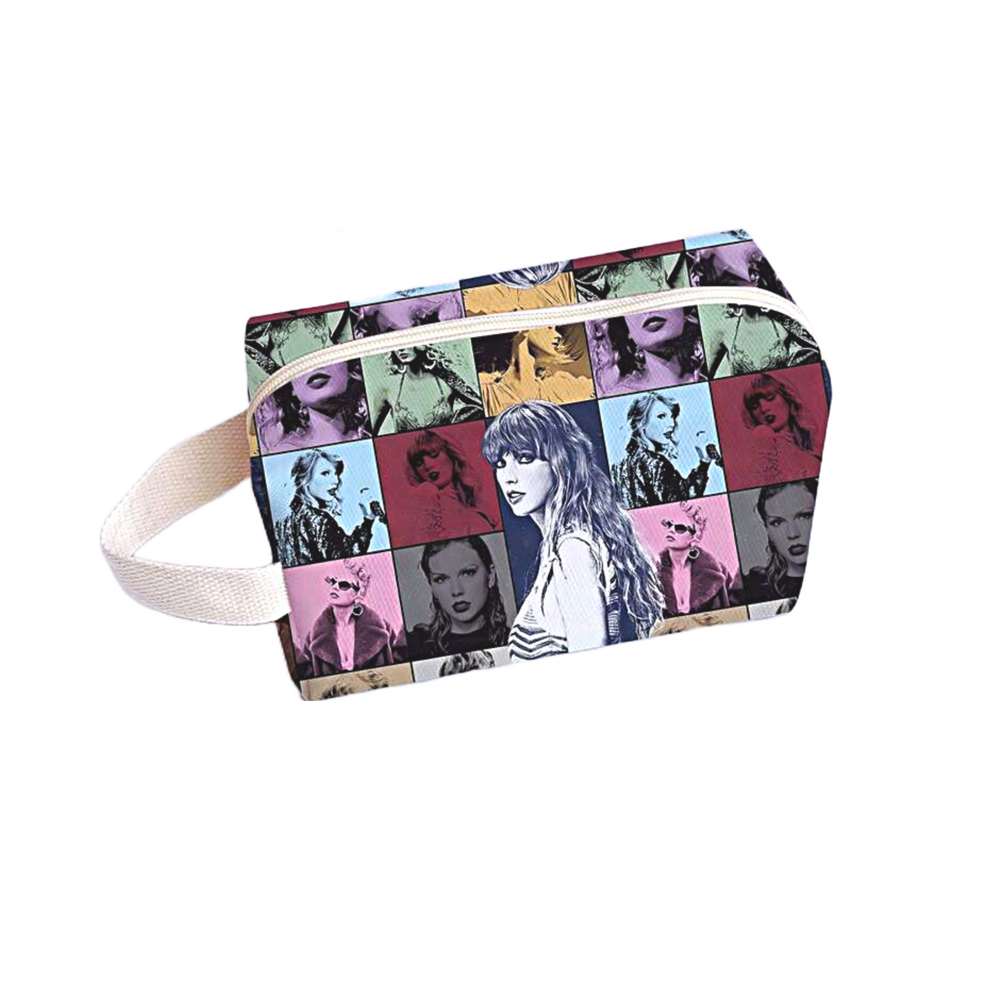 A multicolored makeup bag featuring a collage of images of Taylor Swift on the front.