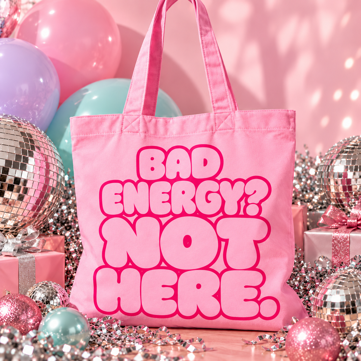 Pink organic cotton tote bag with “Bad Energy? Not Here.” bubble lettering, photographed with silver disco balls and Christmas decorations.