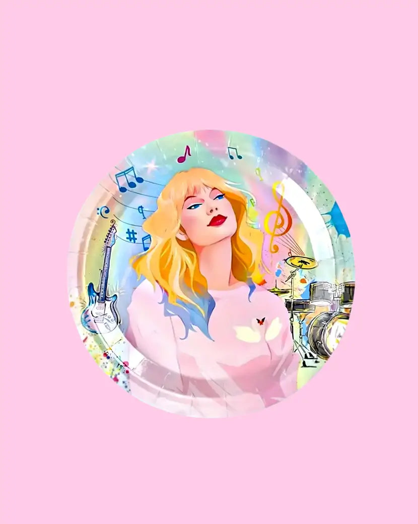 Illustration of a woman with musical elements on a pink background