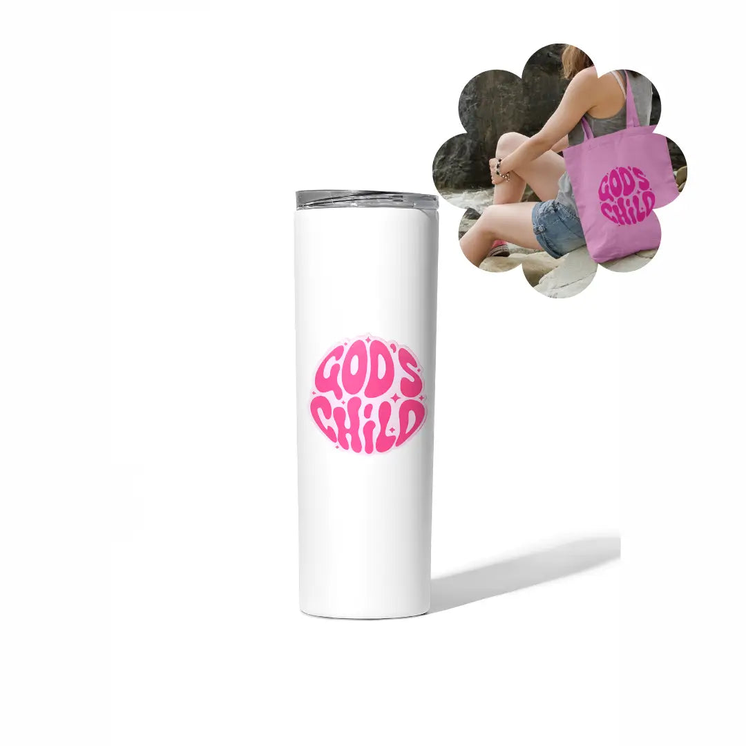 White tumbler with 'God's Child' in pink text, surrounded by a collage of people with a pink 'God's Child' bag.