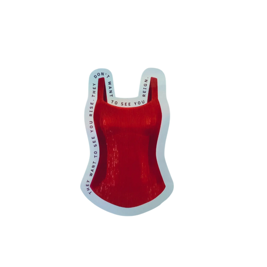 Holographic Taylor Swift Mastermind lyric sticker featuring a red bodysuit and the quote They want to see you rise they don't want to see you reign