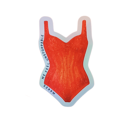 Holographic Taylor Swift sticker of the pink and blue sparkling Lover era bodysuit from the Eras Tour swimsuit design with text on a black background