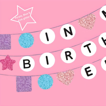 In My Birthday Era friendship bracelet style party banner with pink balloons for an Eras Tour inspired Swiftie birthday party