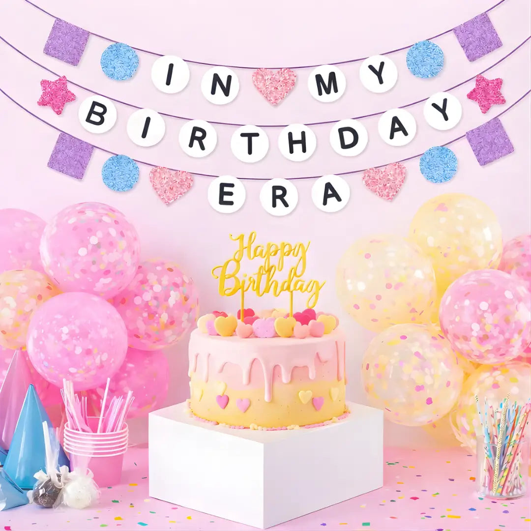 In My Birthday Era friendship bracelet style party banner with pink balloons for an Eras Tour inspired Swiftie birthday party