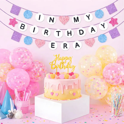 In My Birthday Era friendship bracelet style party banner with pink balloons for an Eras Tour inspired Swiftie birthday party