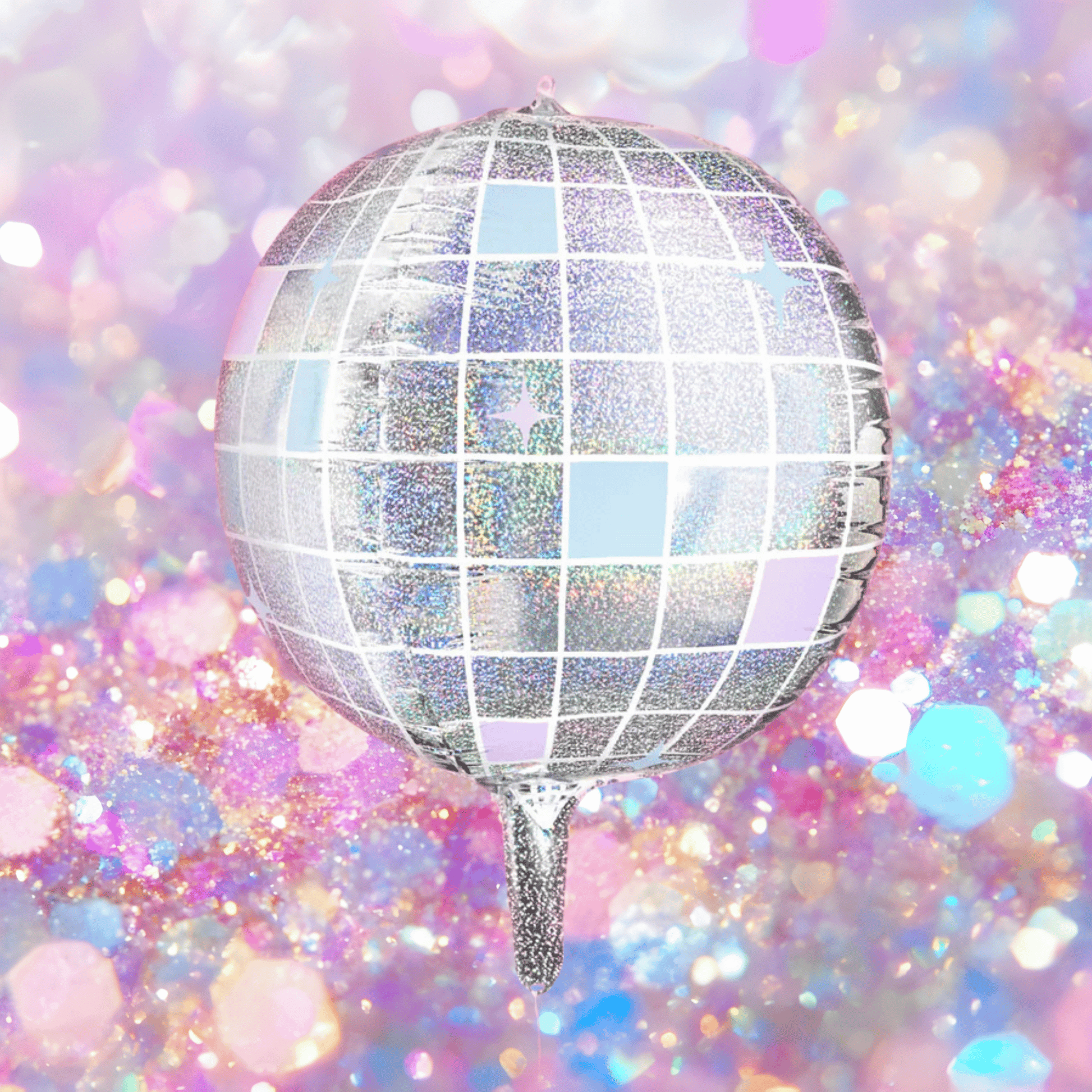 Silver disco ball against a colorful, glittery background