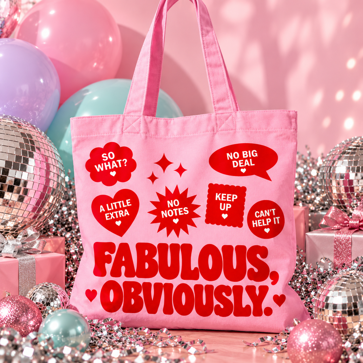Pink organic cotton tote bag featuring bold red “Fabulous, Obviously.” retro lettering, playful slogan badges and decorative sparkles.