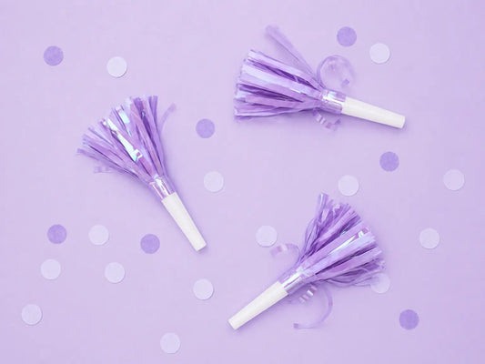 Pack of 6 metallic purple party horns with silver fringe for Speak Now themed birthday parties and lavender hens night favours Minty and Mallow"