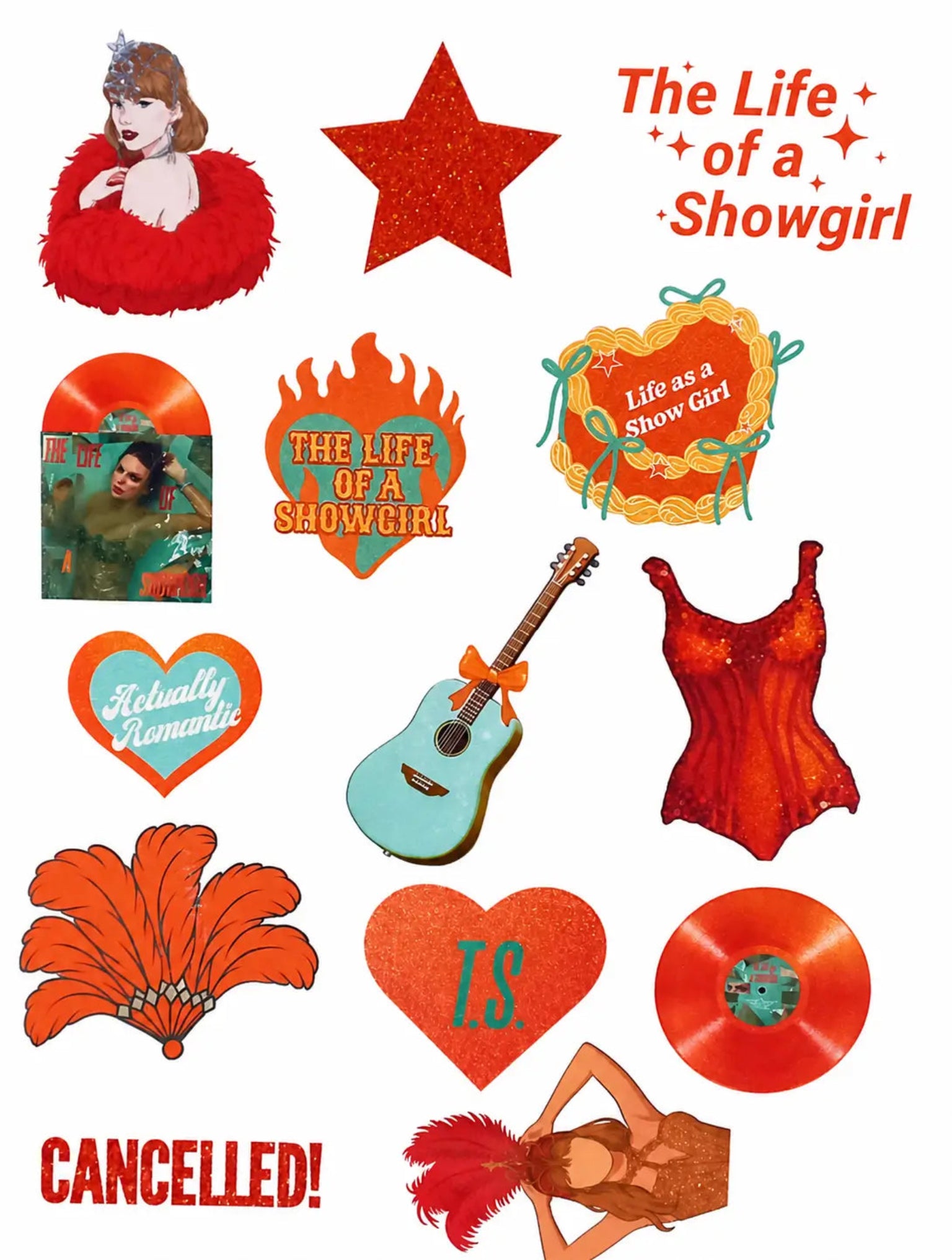 "Aesthetic 'The Life of a Showgirl' glossy sticker sheet styled with silver disco balls and rose gold tinsel for Swiftie party favors and sticker station decor Minty and Mallow Boutique Supplies."