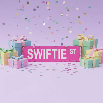 Pink metal Swiftie Street sign for aesthetic bedroom wall decor and fan gifts"
