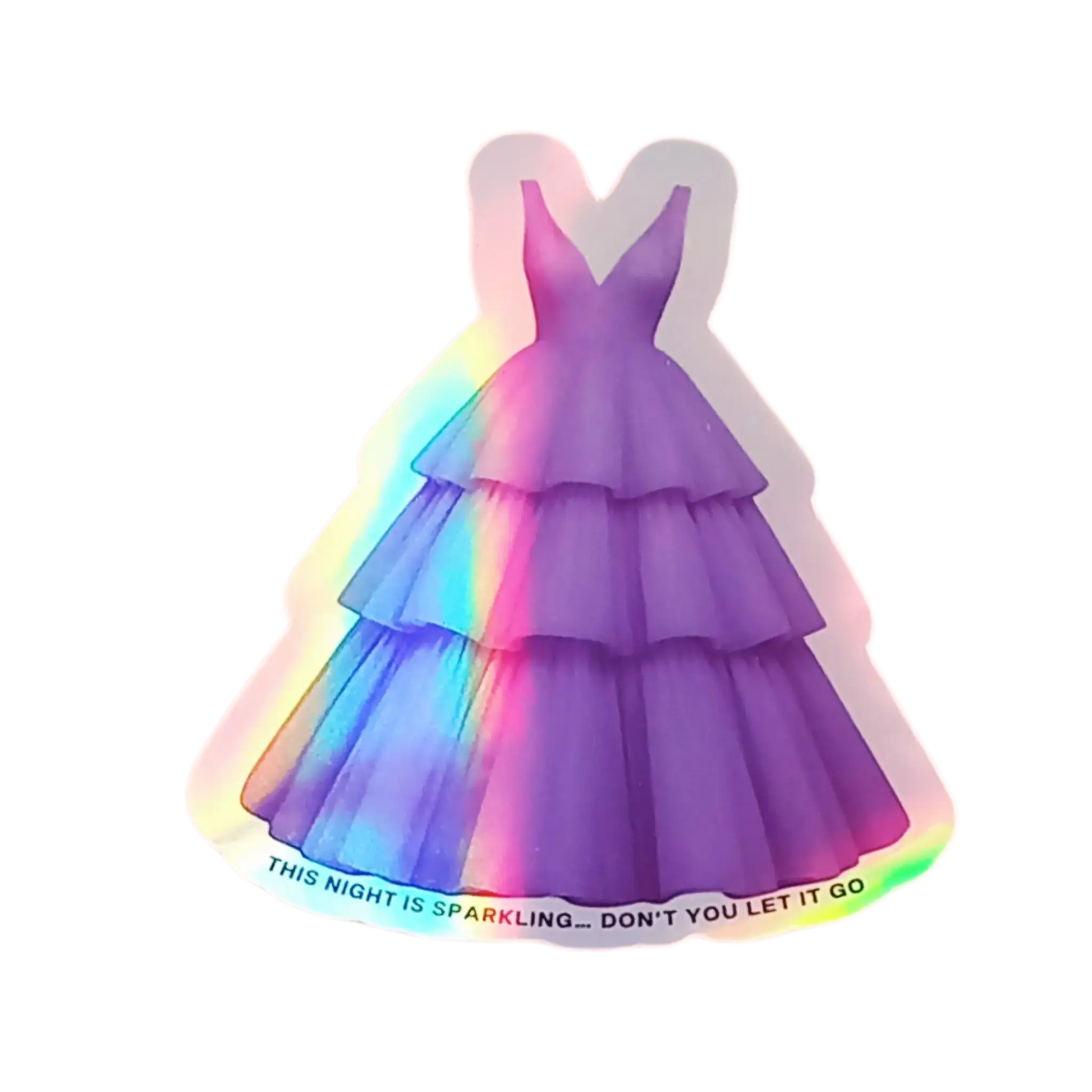 Holographic Taylor Swift sticker of the purple Enchanted ballgown dress from the Speak Now era of the Eras Tour