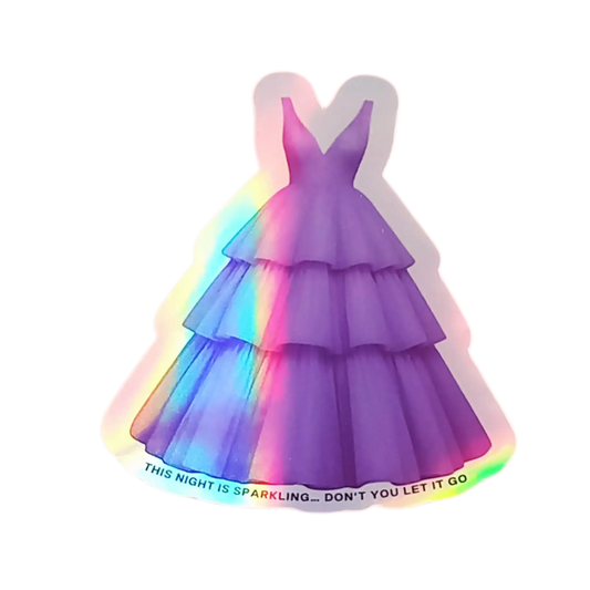 Holographic Taylor Swift sticker of the purple Enchanted ballgown dress from the Speak Now era of the Eras Tour