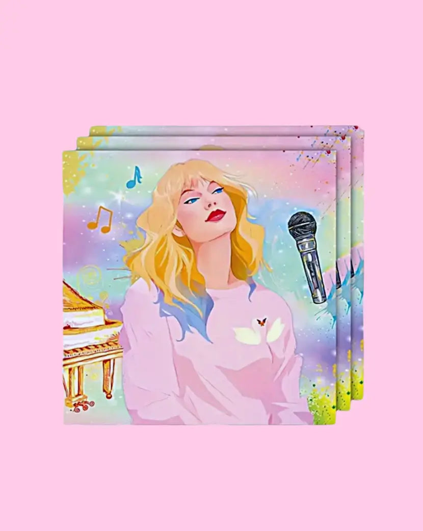 Illustration of a woman with a microphone on a colorful background