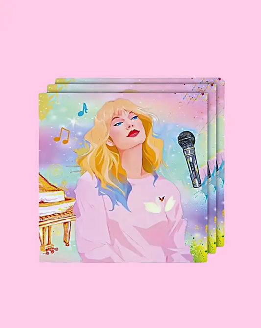 Illustration of a woman with a microphone on a colorful background