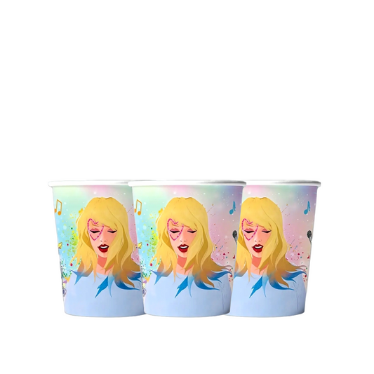 A set of disposable paper cups with a Taylor-inspired design featuring an illustration of Taylor Swift.