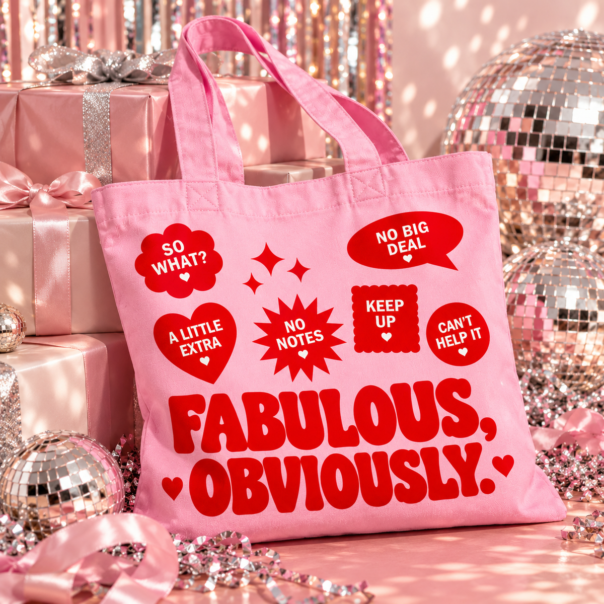 Pink organic cotton tote bag featuring bold red “Fabulous, Obviously.” retro lettering, playful slogan badges and decorative sparkles.
