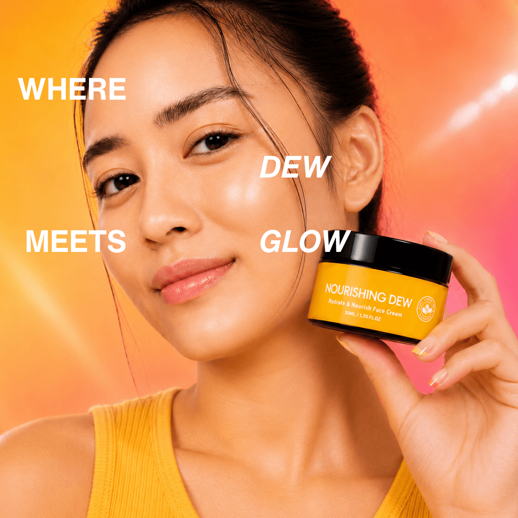 A woman holds a jar of Nourishing Dew Face Cream against a vibrant orange and pink gradient background. White text overlays read 'WHERE DEW MEETS GLOW'.