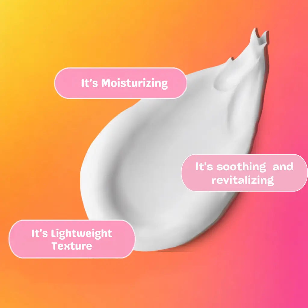 A white cream smear on a yellow-to-pink gradient background with three pink rounded text labels reading 'It's Moisturizing,' 'It's soothing and revitalizing,' and 'It's Lightweight Texture.'.